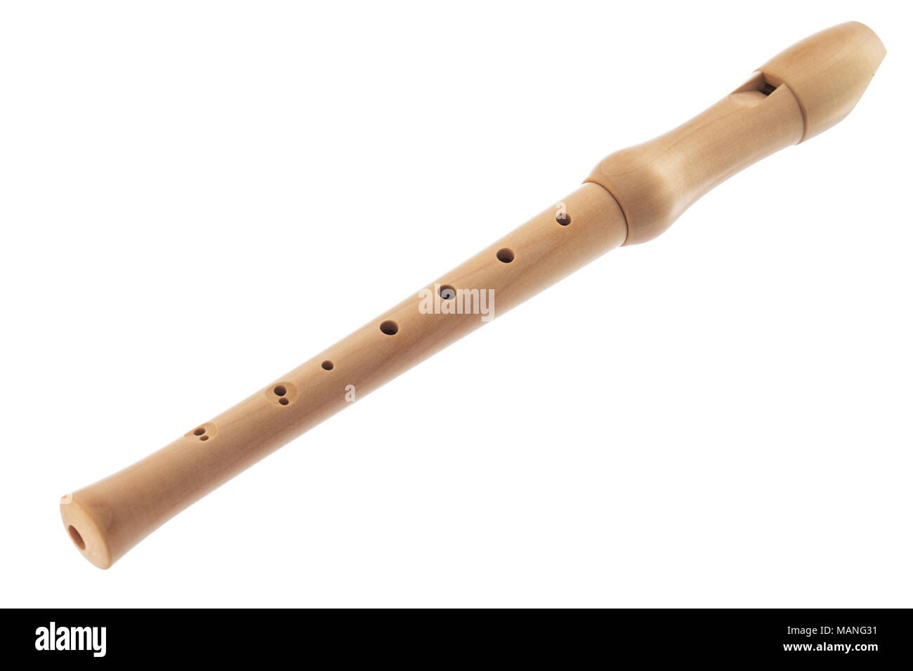 Single recorder. Wooden soprano flute isolated on a white background Stock Photo