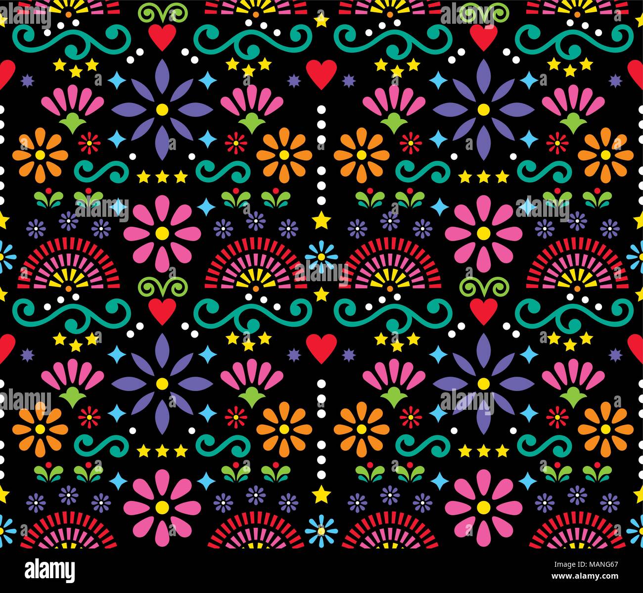 Mexican folk art seamless vector pattern, colorful design with flowers wallpaper inspired by traditional designs from Mexico Stock Vector