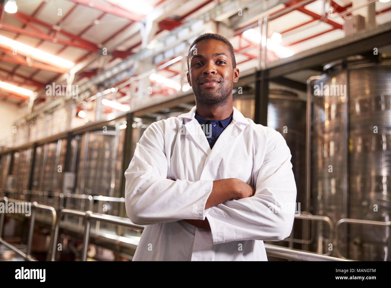 Portrait of a young black male technician at a wine factory Stock Photo