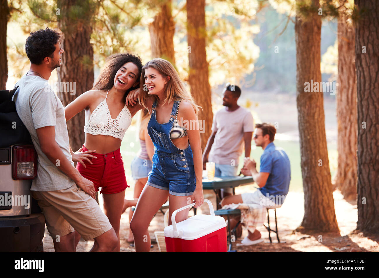 Three young adult friends with a cool box talking by a lake Stock Photo