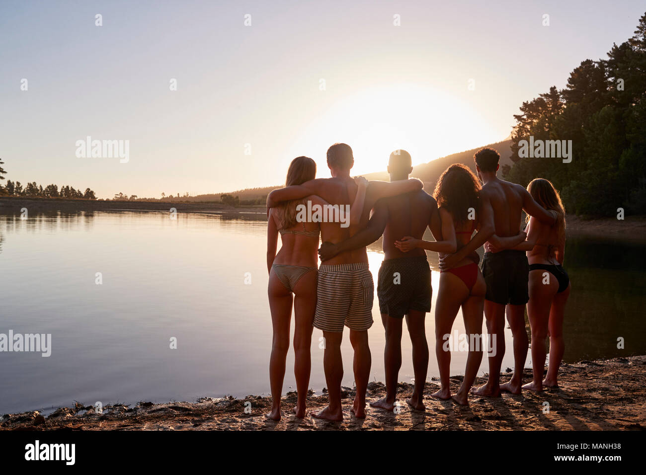 Young adult friends admiring view from lakeshore, back view Stock Photo
