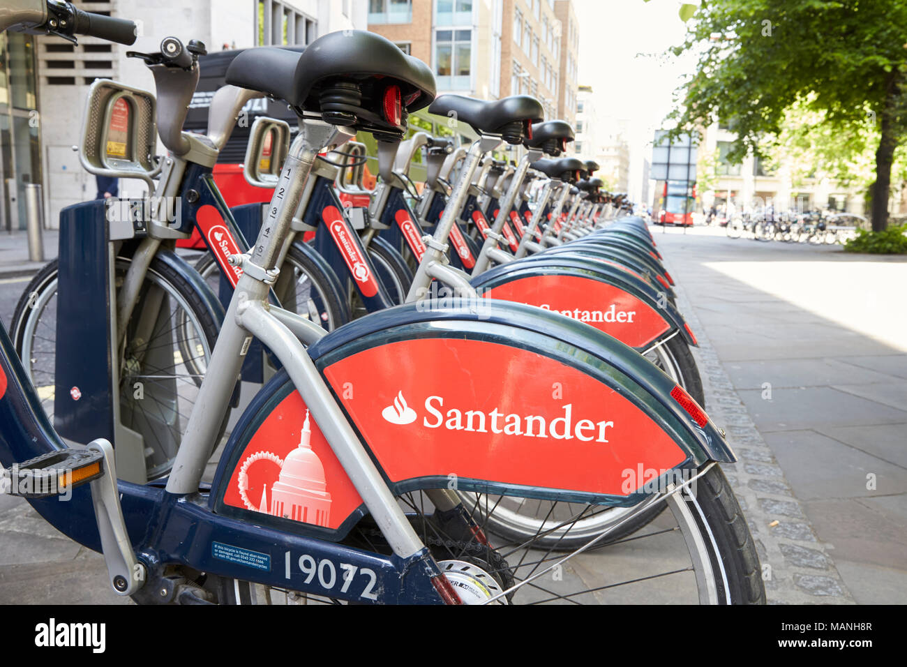 LONDON - MAY, 2017: A row of city bikes, available for hire in the City of London, detail Stock Photo