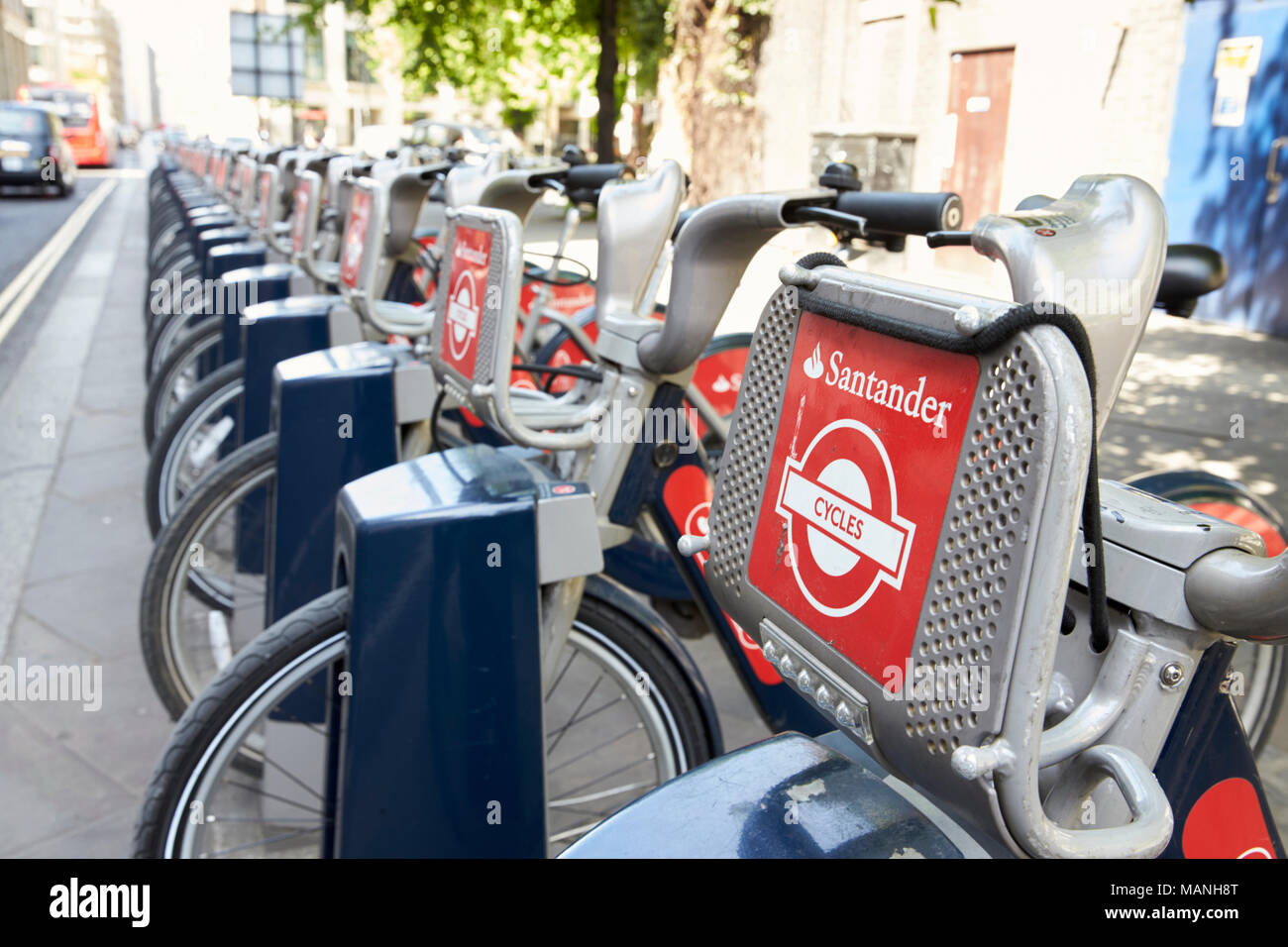 LONDON - MAY, 2017: A row of city bikes, available for hire in the City of London, detail Stock Photo