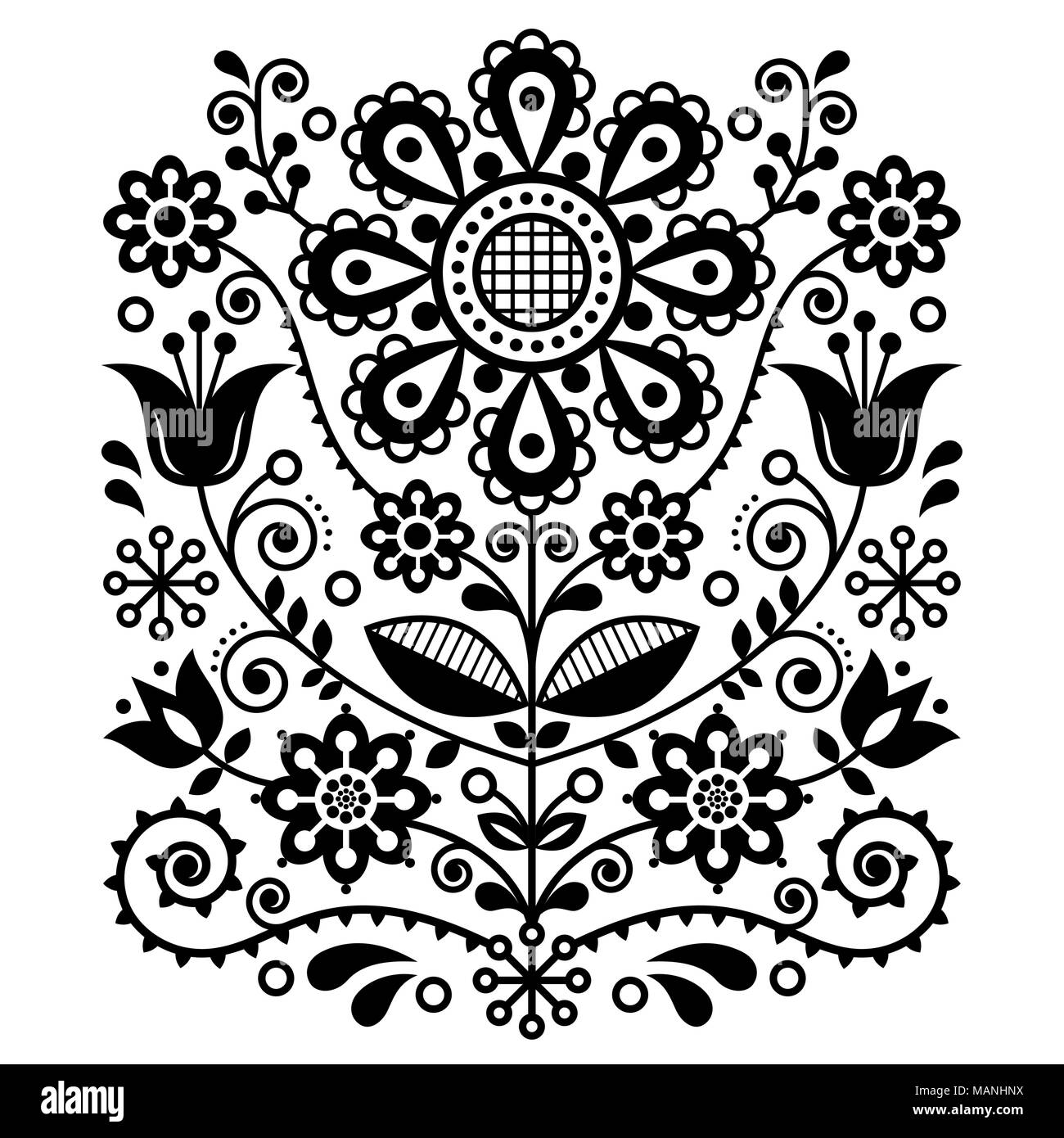 Scandinavian vector folk art pattern, floral retro ornament design, Nordic style black and white ethnic decoration Stock Vector