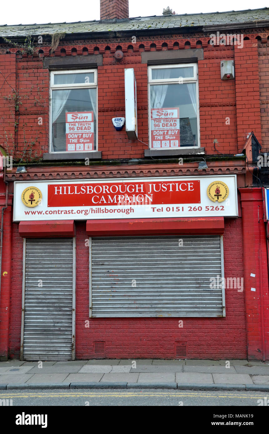 The Hillsborough Justice Campaign office opposite Liverpool FC's Anfield ground Stock Photo