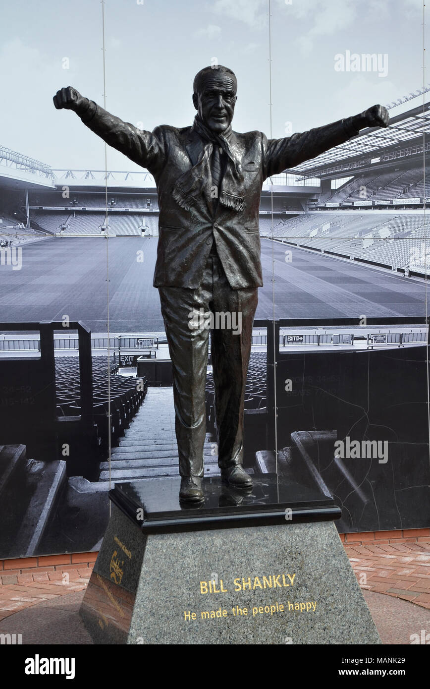 The Statue Of Former Liverpool Fc Manager Bill Shankly In Front Of The Kop End At Liverpool S Anfield Stadium Stock Photo Alamy