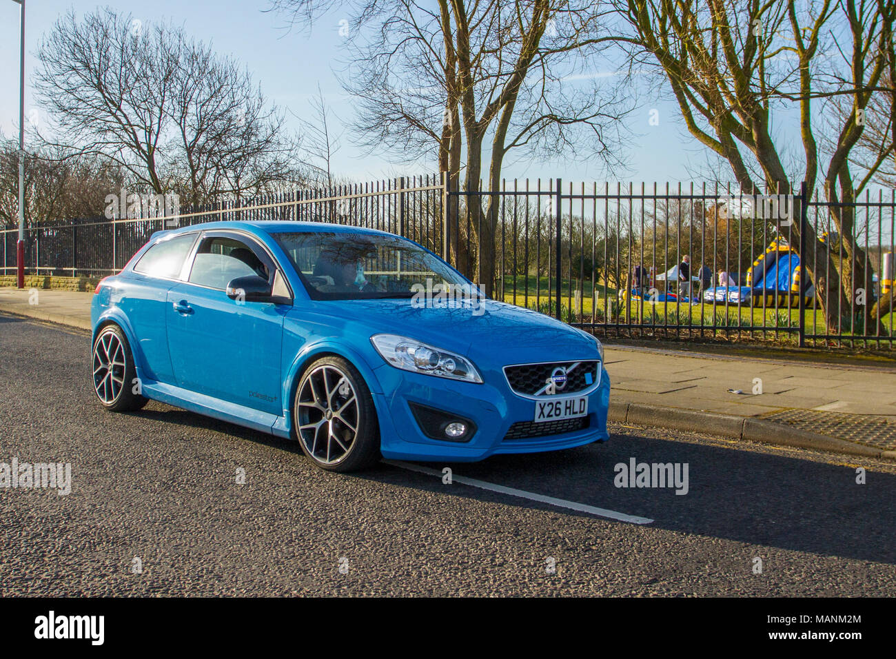 2012 blue Volvo C30 R-Design Lux T5 2521cc 2dr saloon at the North-West Supercar event as cars and tourists arrive in the coastal resort. Cars are bumper to bumper on the seafront esplanade as classic & vintage car enthusiasts take advantage of warm weather for a motoring day out. Stock Photo