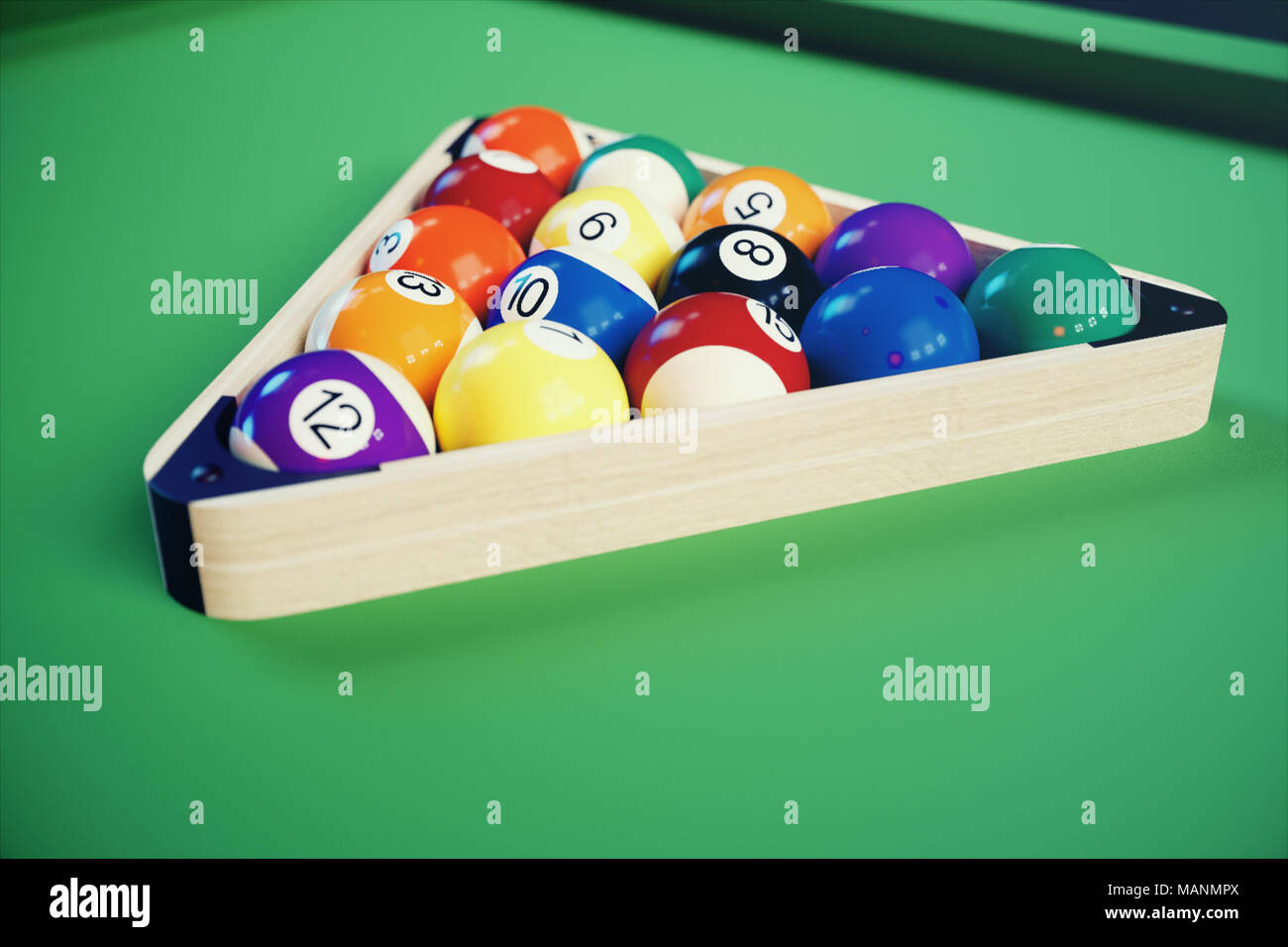 3D illustration recreation sport. Billiards balls with on green