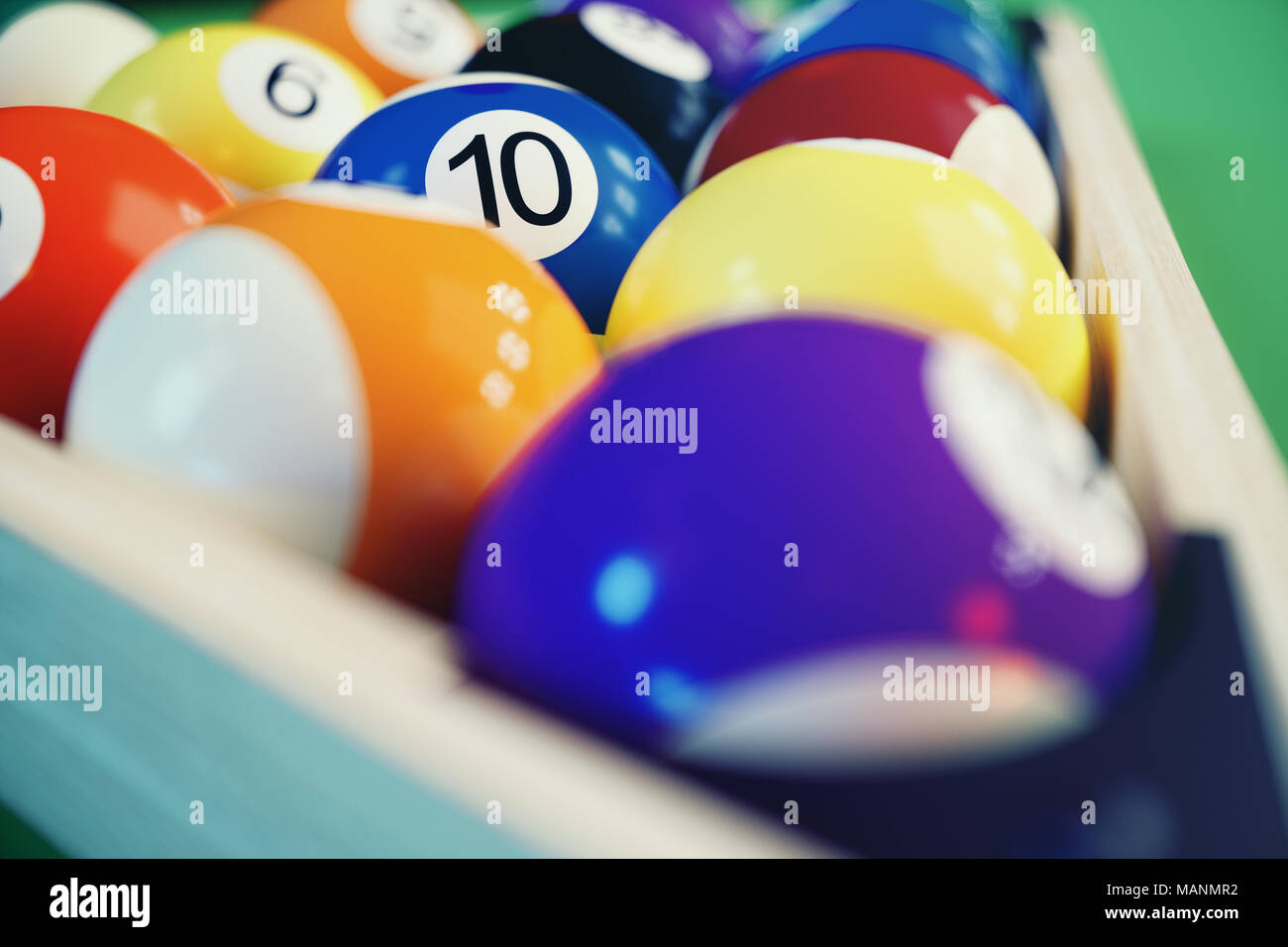 3D illustration recreation sport. Billiards balls with on green