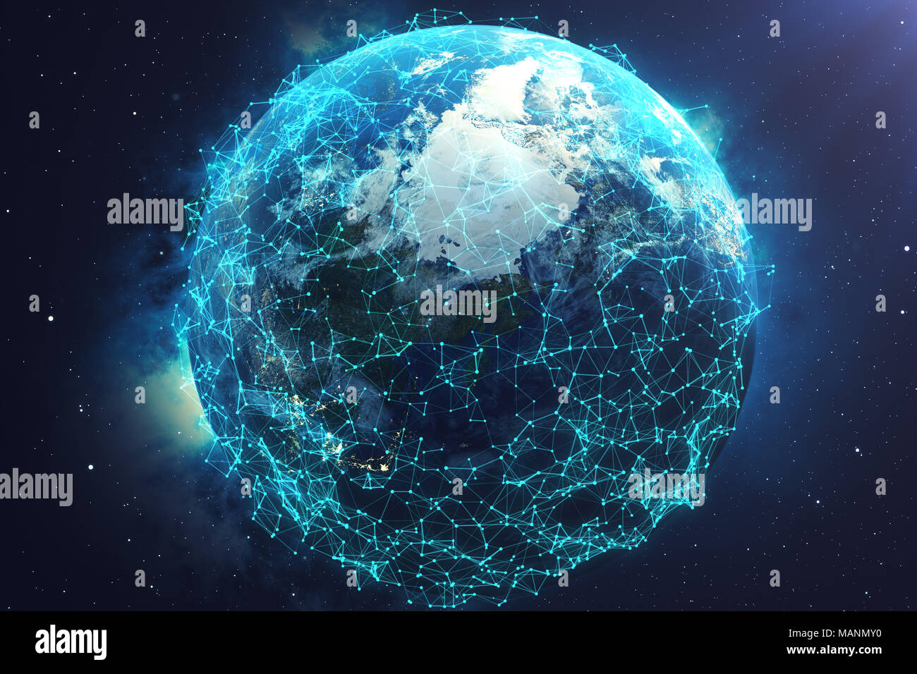 3D rendering Network and data exchange over planet earth in space.  Connection lines Around Earth Globe. Global International Connectivity.  Elements of this image furnished by NASA Stock Photo - Alamy