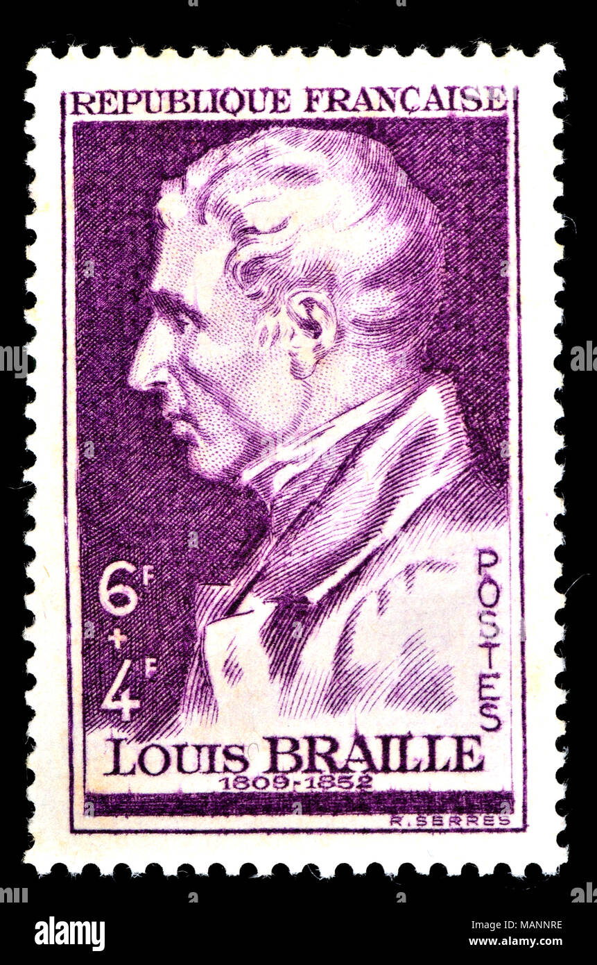 French postage stamp (1948) : Louis Braille (1809 – 1852) French educator and inventor of the Braille system of reading and writing for use by the bli Stock Photo
