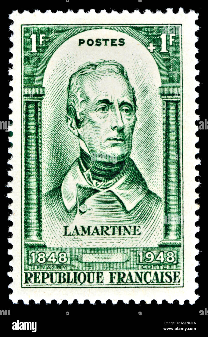 French postage stamp (1948) : Alphonse Marie Louis de Prat de Lamartine, Knight of Pratz (1790 – 1869) French writer, poet and politician, instrumenta Stock Photo