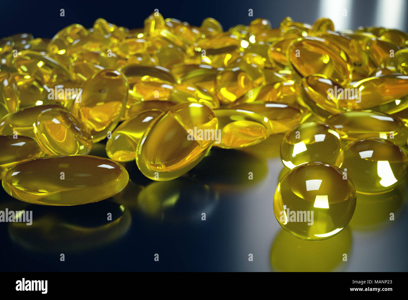3D Rendering Fish Oil. Omega 3, omega 6, omega 9, vitamin D. Pile of capsules Omega 3 on black background, Cod Liver Stock Photo
