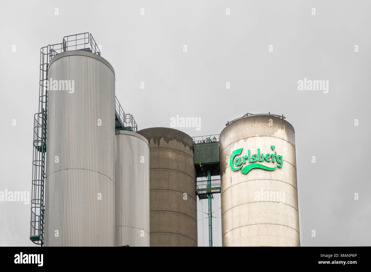 Storage containers at the Carlsberg factory beside the river Nene at Northampton, England, on a