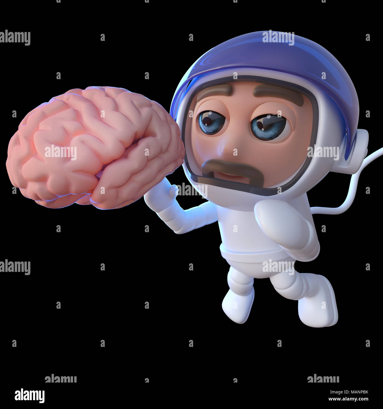 3d render of a funny cartoon spaceman astronaut looking at a human brain in  space Stock Photo - Alamy