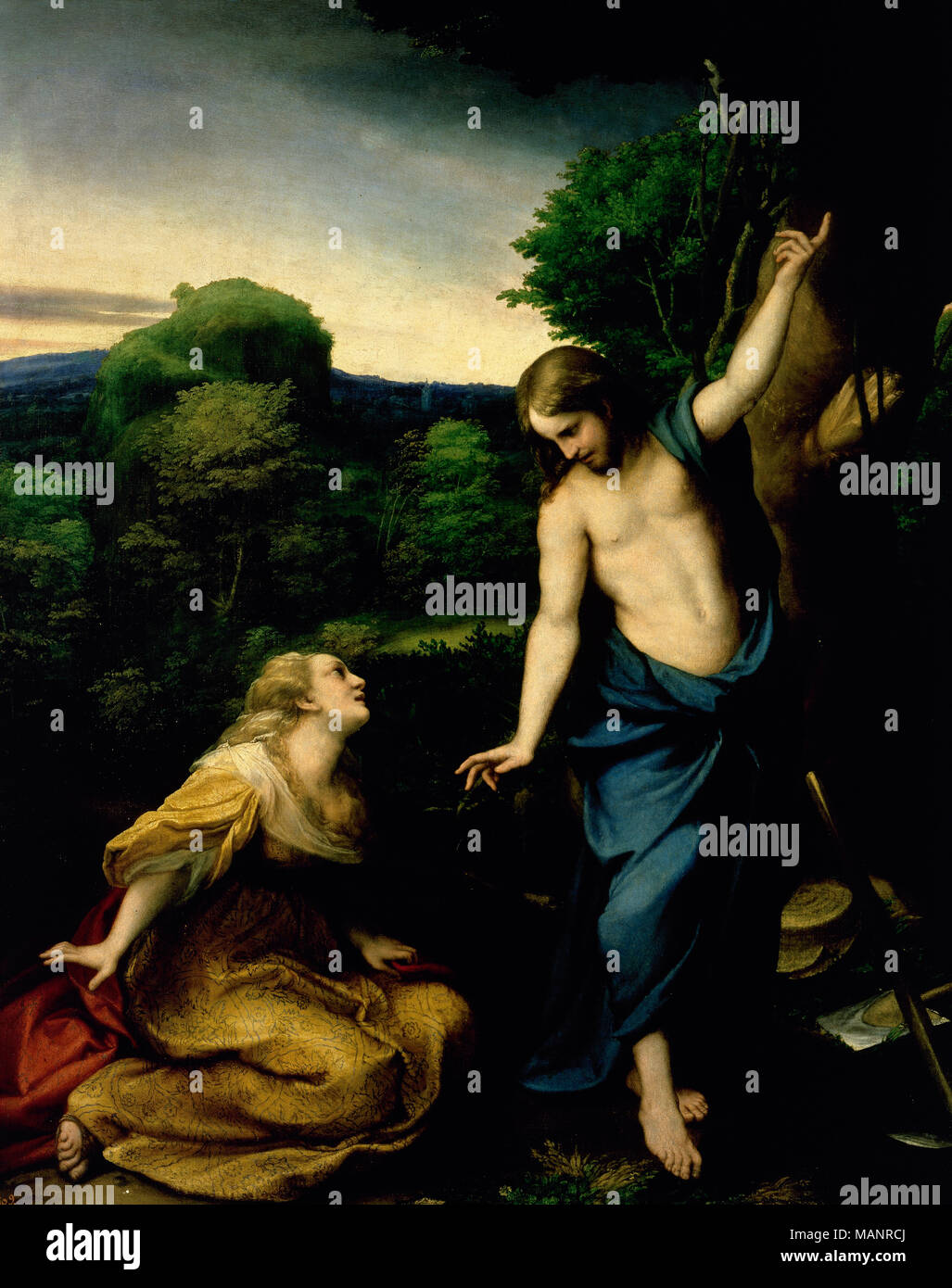 Noli me tangere, c.1525, by Correggio (1494-1534), byname of Antonio Allegri, an Italian painter of the Renaissance. Noli me tangere was a sentence spoken by Jesus to Mary Magdalene when she recognized him after his resurrection. Prado Museum. Madrid, Spain. Stock Photo