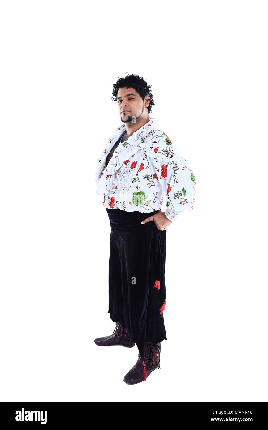 portrait of a professional male dancer in Gypsy costume on white