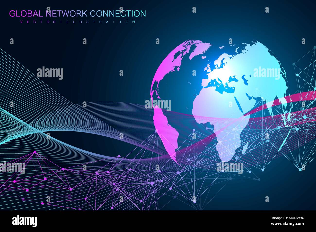 World map point with global technology networking concept. Digital data visualization. Lines plexus. Big Data background communication. Scientific vector illustration. Stock Vector