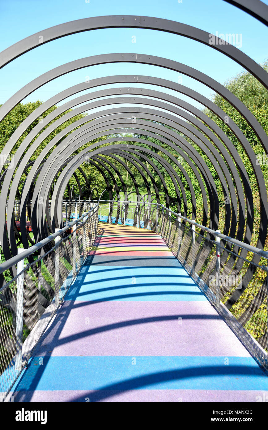 Slinky springs bridge, Kaisergarten Oberhausen.Modern architecture, design bridge. Stock Photo