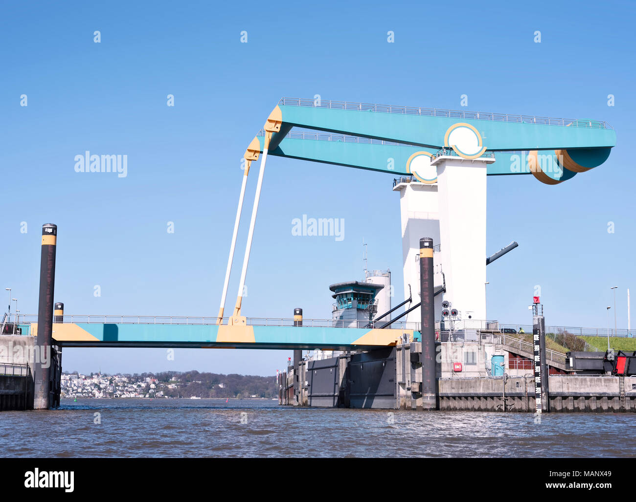 Drawbridge on a river, shipping or ship transport monument. Germany, Hamburg. Stock Photo