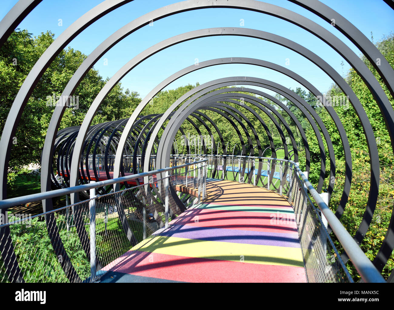 Slinky springs bridge, Kaisergarten Oberhausen.Modern architecture, design bridge. Stock Photo