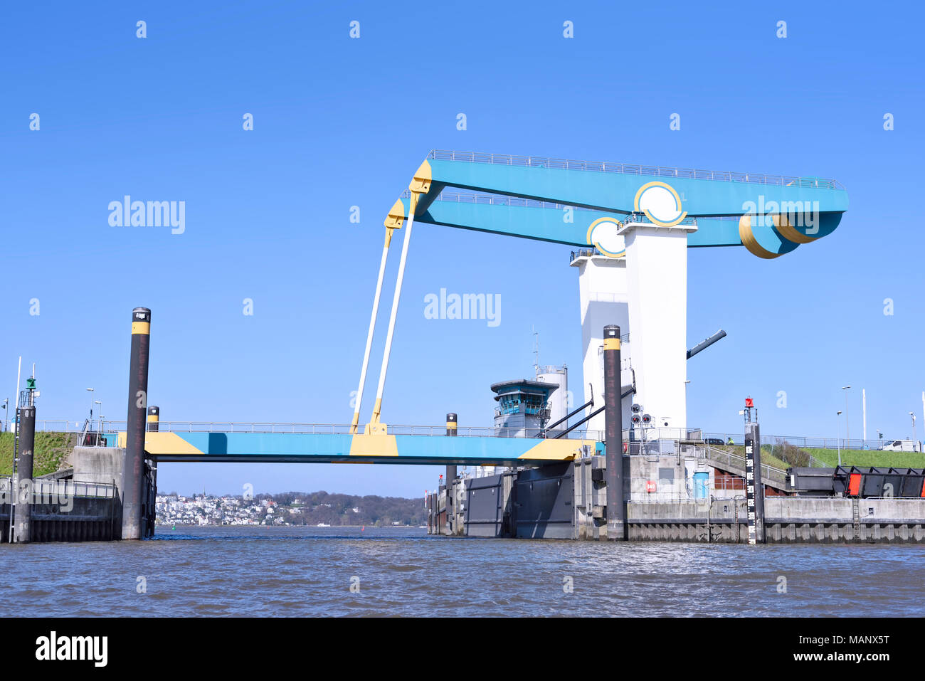 Drawbridge on a river, shipping or ship transport monument. Germany, Hamburg. Stock Photo