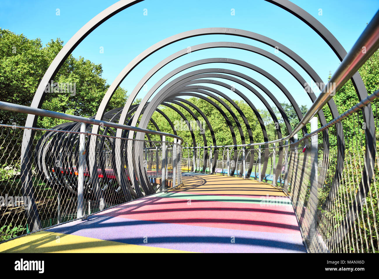 Slinky springs bridge, Kaisergarten Oberhausen.Modern architecture, design bridge. Stock Photo