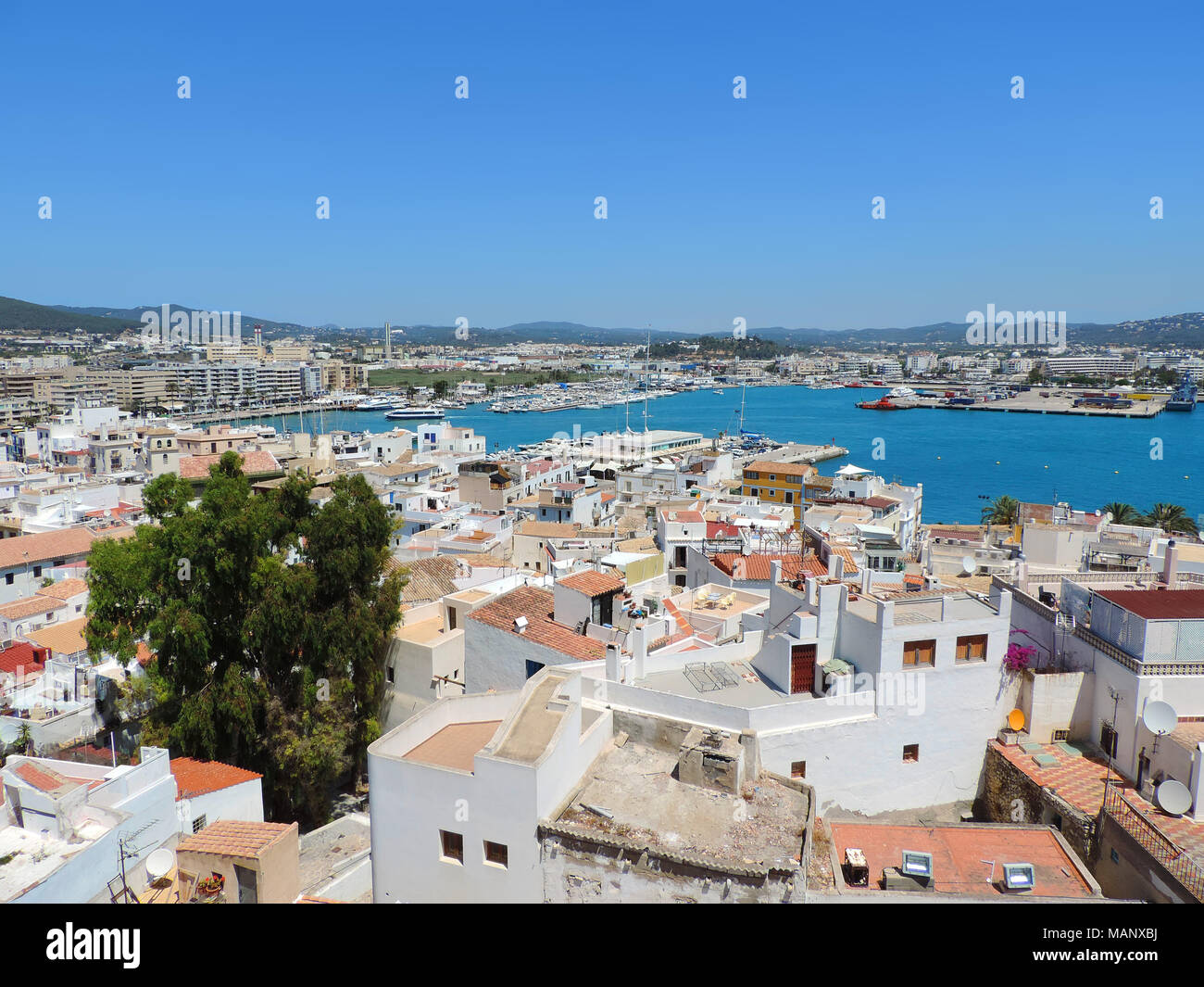 Ibiza town, view from salt Vila to the marina or harbor. Summer scene with panorama view over the historic city of Ibiza. Stock Photo