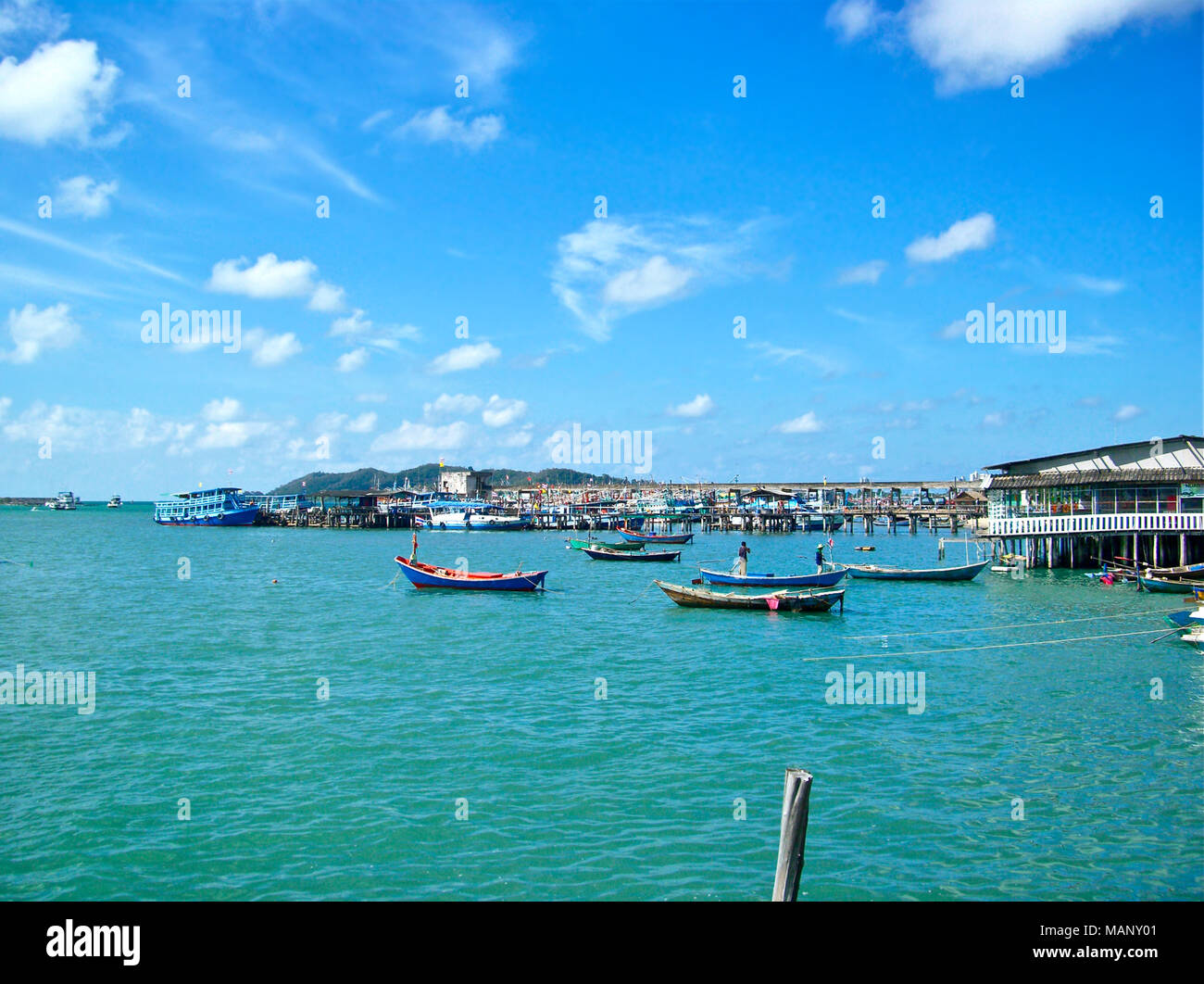 Tropical sea scene on Thailand, Pattaya. Panoramic sea scene with boats, turquoise water and blue sky. Stock Photo