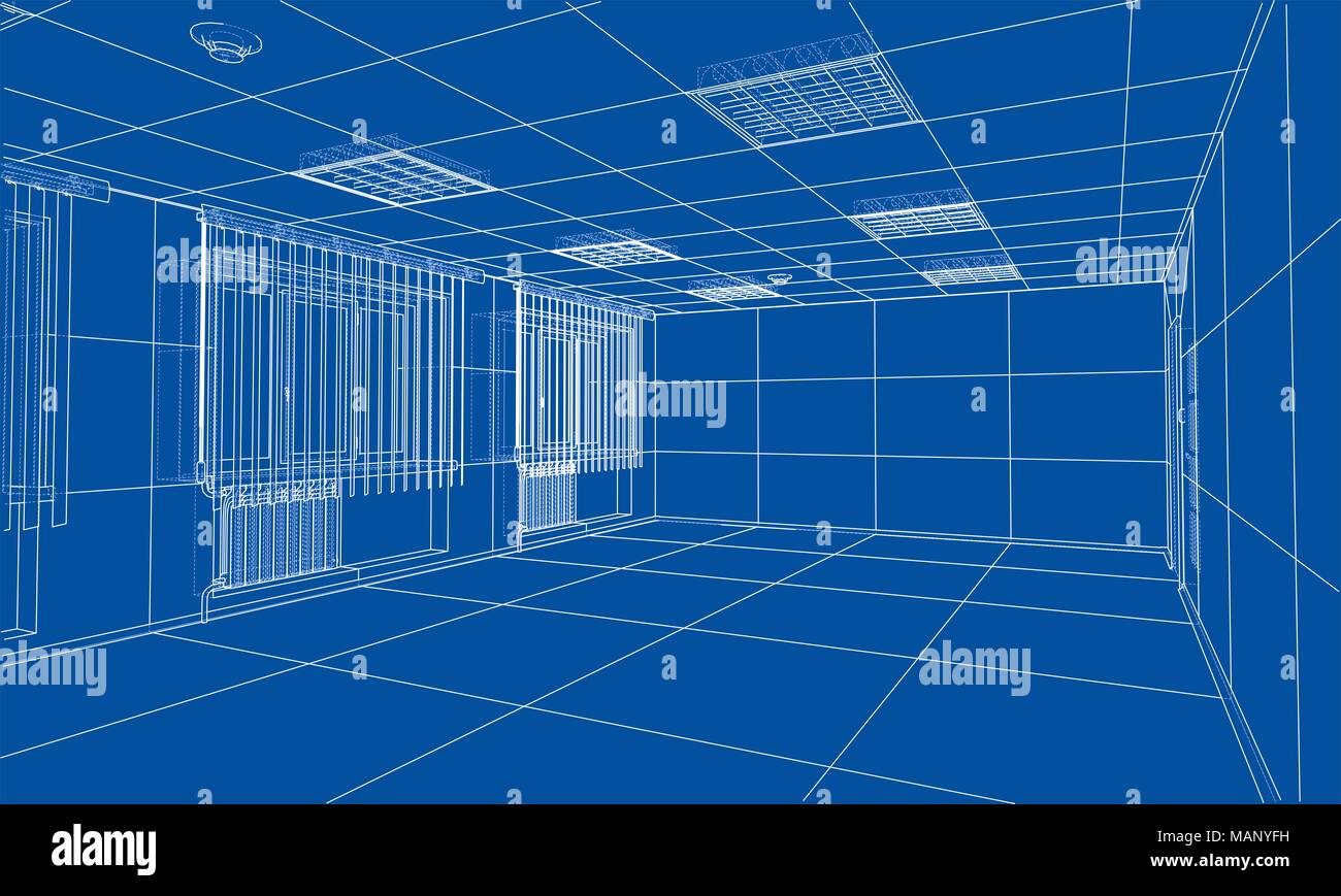 Interior sketch or blueprint. 3d illustration. Wire-frame style Stock ...