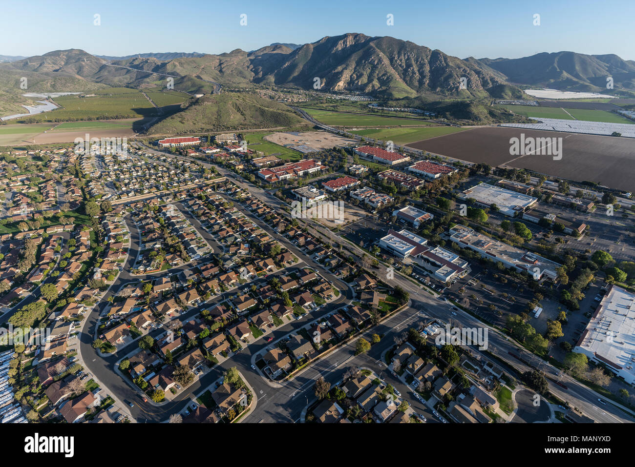 Aerial view of Camarillo homes, business and farms in Ventura County, California. Stock Photo