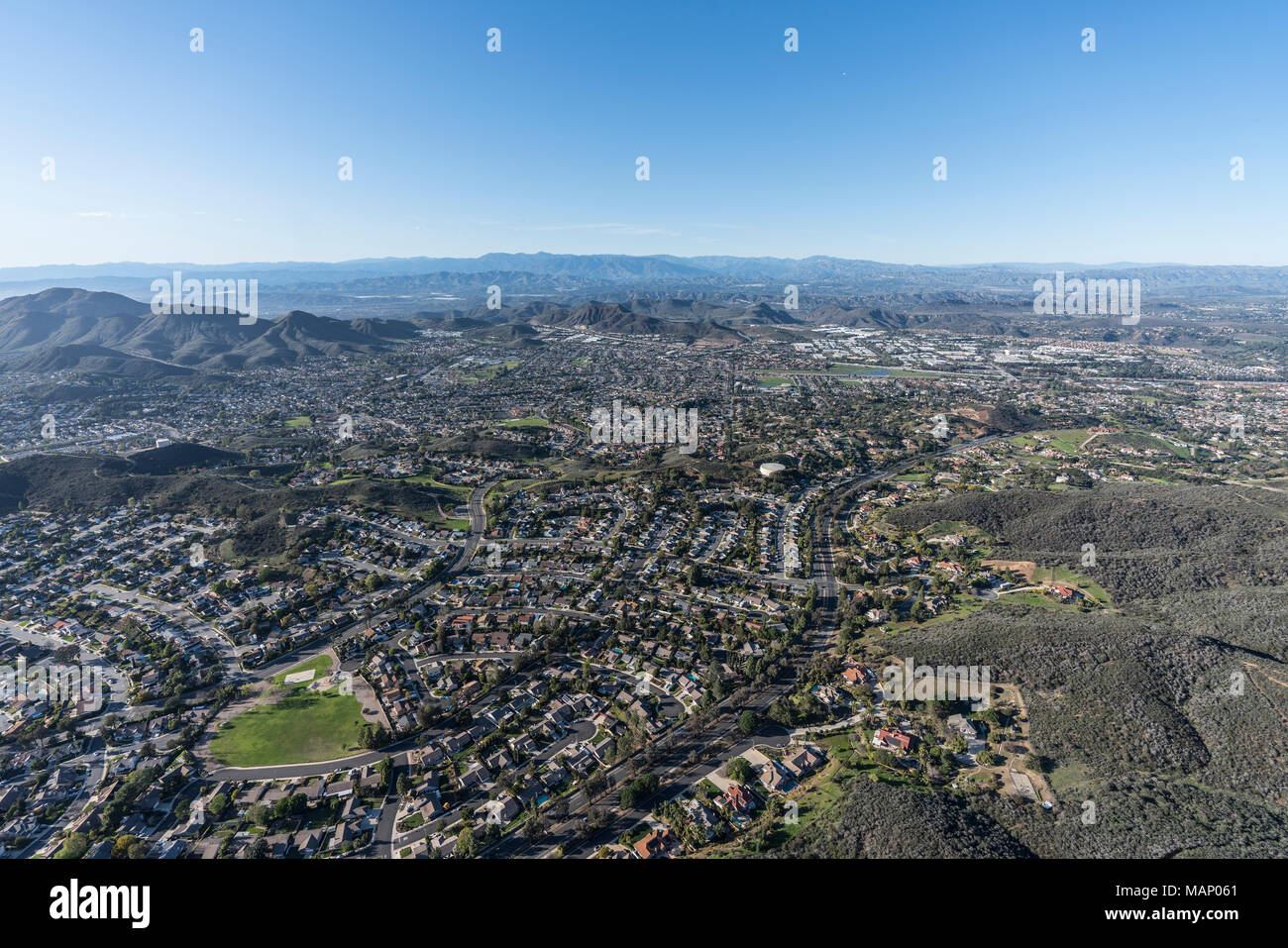 Aerial view of large suburban Newbury Park and Thousand Oaks in Ventura County, California. Stock Photo