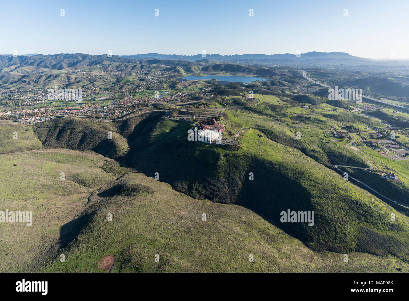 Aerial view of Simi Valley ranch lands and the Ronald Reagan Presidential Library in Ventura County California. Stock Photo