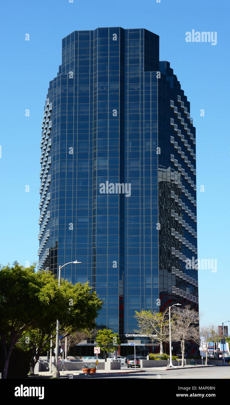 LOS ANGELES - MARCH 28, 2018: City National Bank Building. The modern building is located at the intersection of Fairfax Avenue and Wilshire Boulevard Stock Photo