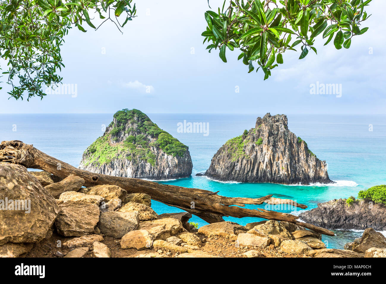 Fernando de Noronha, Brazil. View of Morro dos Dois Irmaos with gains and plants in the foreground. Stock Photo