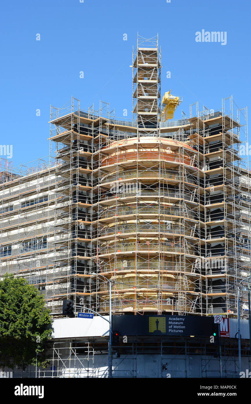 LOS ANGELES - MARCH 28, 2018: Construction of the Academy Museum of Motion Pictures at the intersection of Fairfax Avenue and Wilshire Boulevard. Stock Photo