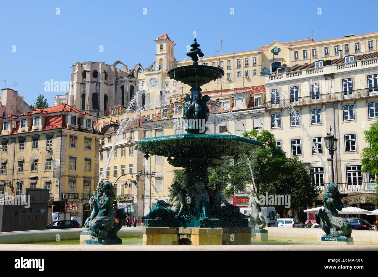 Rossio square or Praça Dom Pedro IV and Convento do Carmo. Lisbon, Portugal Stock Photo