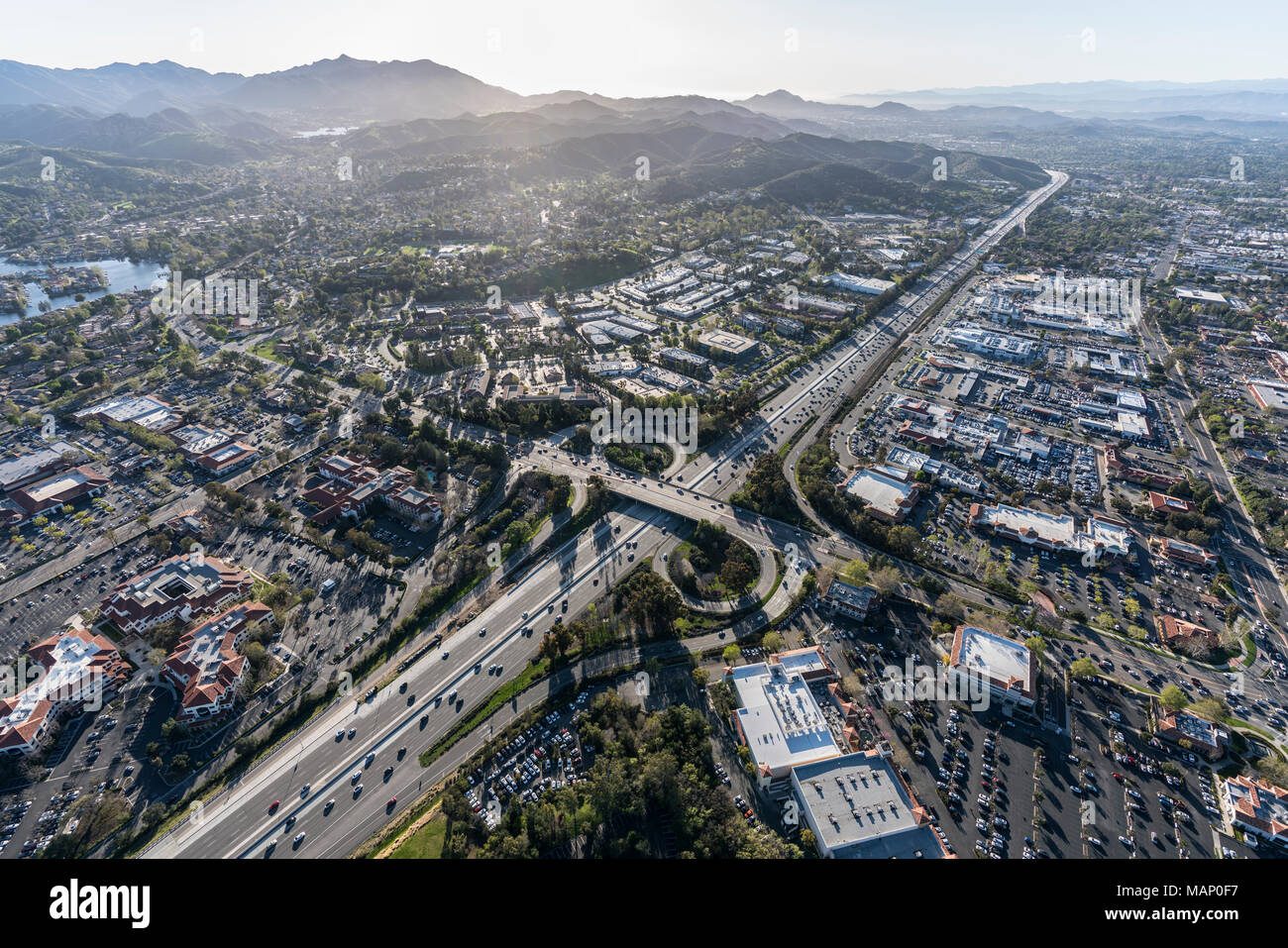 Aerial view of 101 freeway at Weslake Blvd in suburban Thousand Oaks, California. Stock Photo