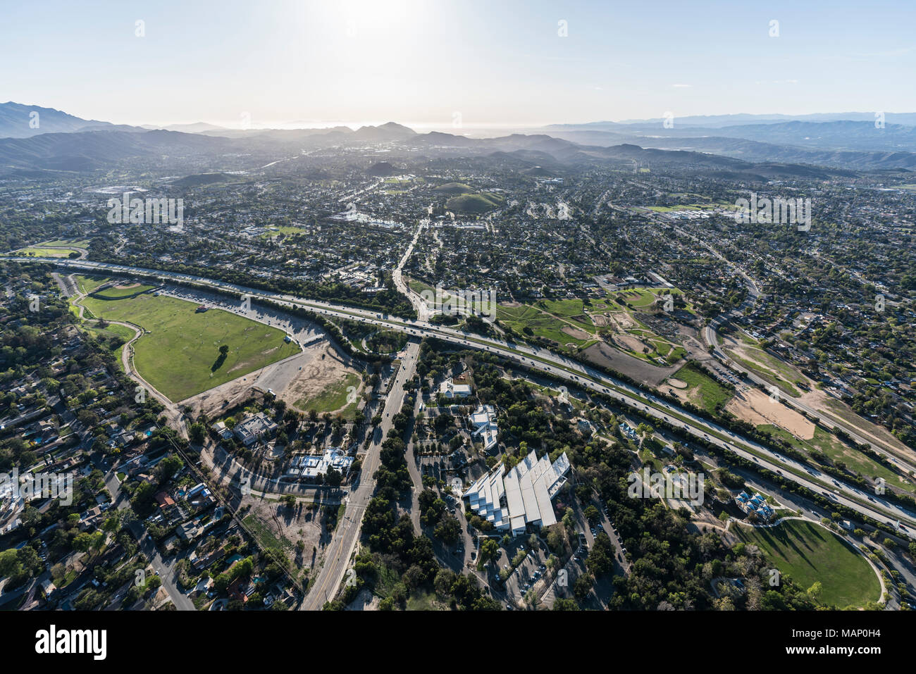 Aerial view of route 23 freeway at janss road in suburban thousand oaks