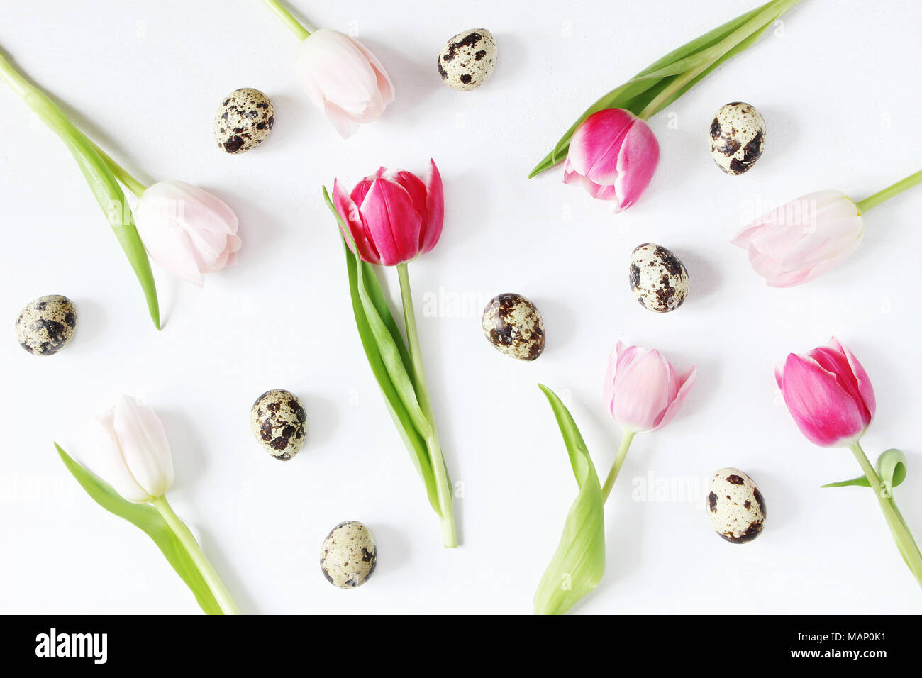 Styled stock photo. Feminine Easter, spring composition with pink tulips flowers quail eggs and on white background. Floral pattern. Flat lay, top vie Stock Photo