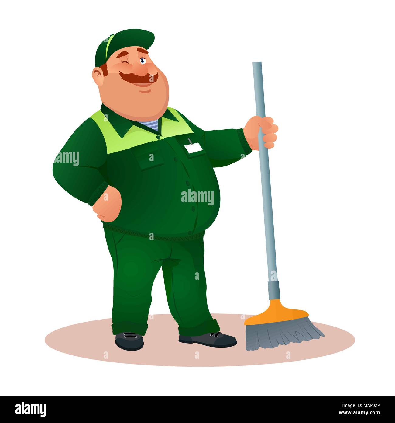 Smiling cartoon janitor with mop winks. Funny fat character in green suit with winking eye. Happy flat cleaner in uniform from janitorial service or office cleaning. Colorful vector illustration. Stock Vector