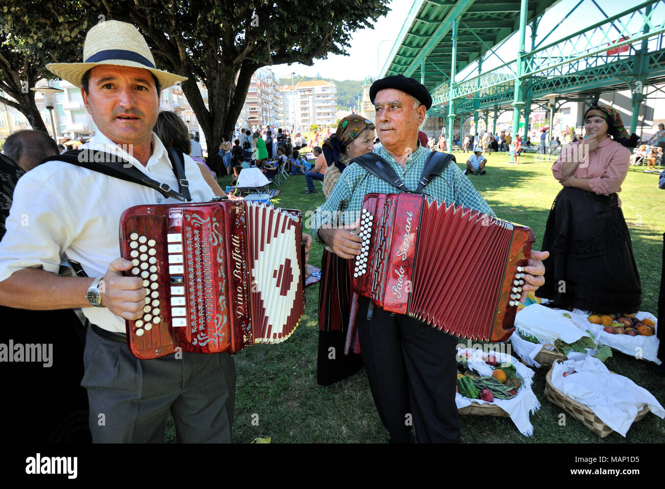 Accordion players. Our Lady of Agony Festivities, the biggest traditional festival in Portugal. Viana do Castelo. Stock Photo
