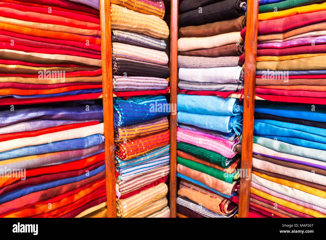 Various colored fabrics. Stock Photo