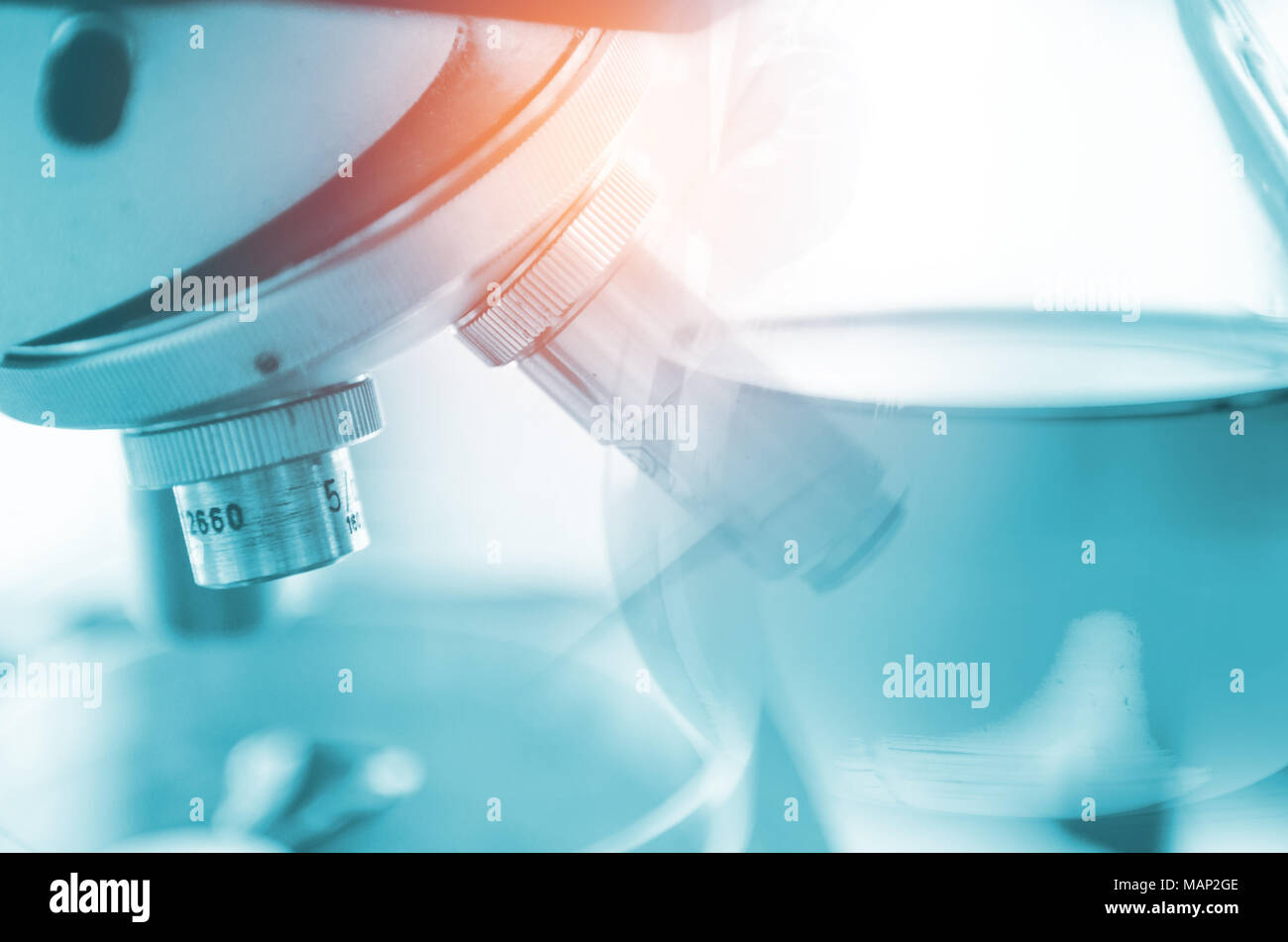 Close-up shot of microscope with metal lens at laboratory. Scientific ...