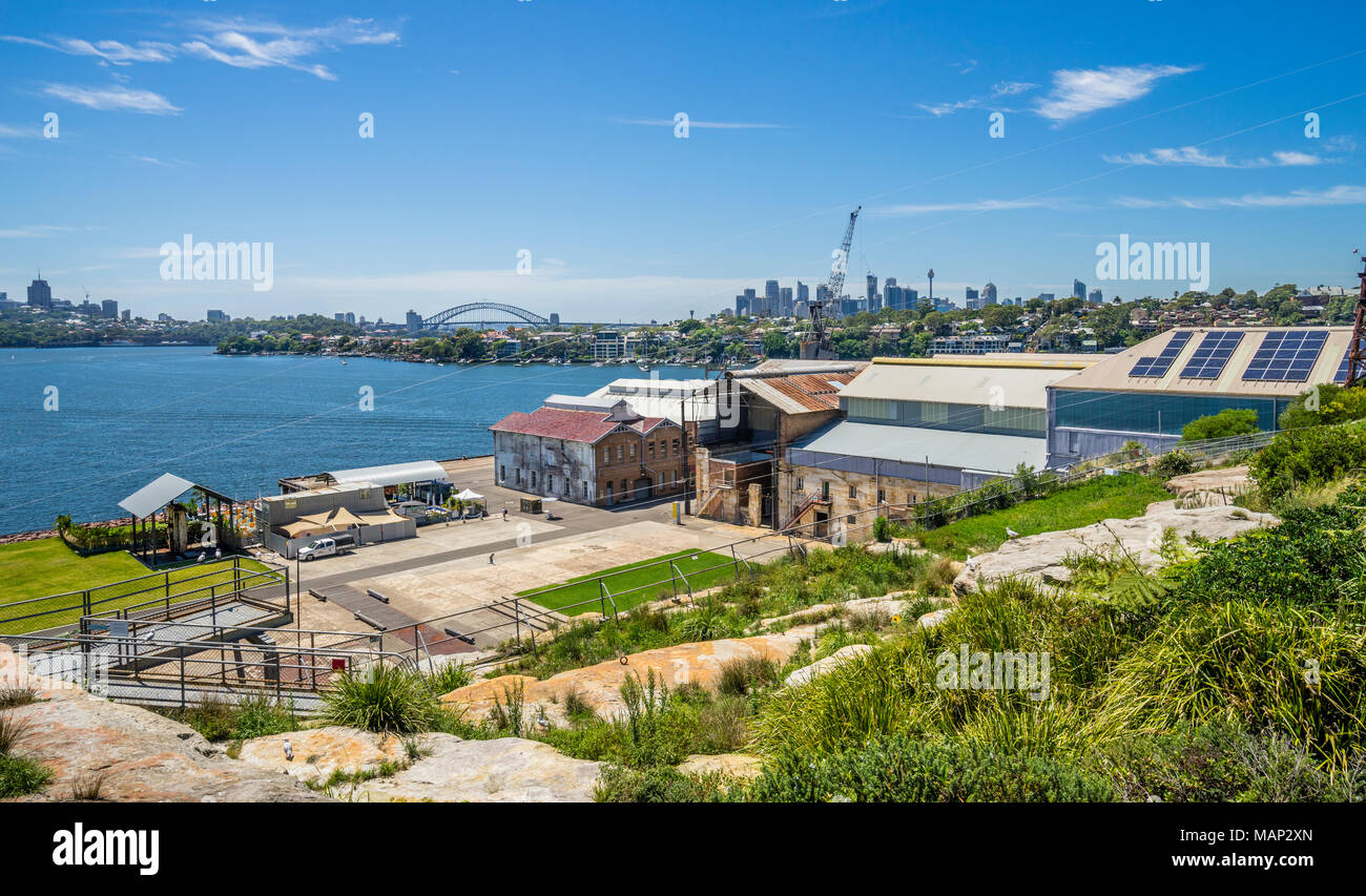 view of the Eastern Apron and workshop buildings of the Industrial Precinct on Cockatoo Island shipyard heritage site, Sydney Harbour, New South Wales Stock Photo