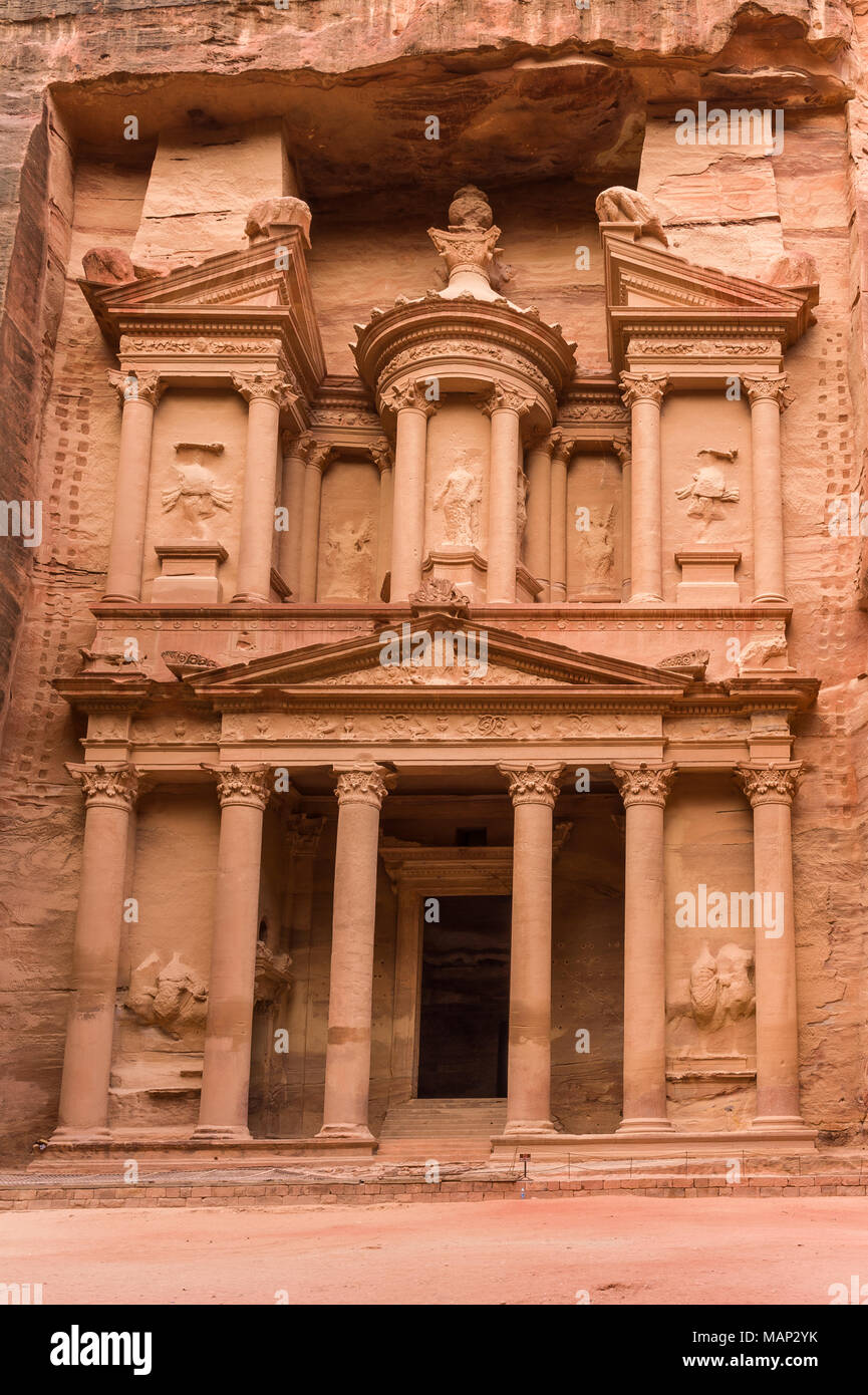 View on The Treasury or Al Khazneh in the archeological and historical site of Petra in the southern Jordanian. Stock Photo