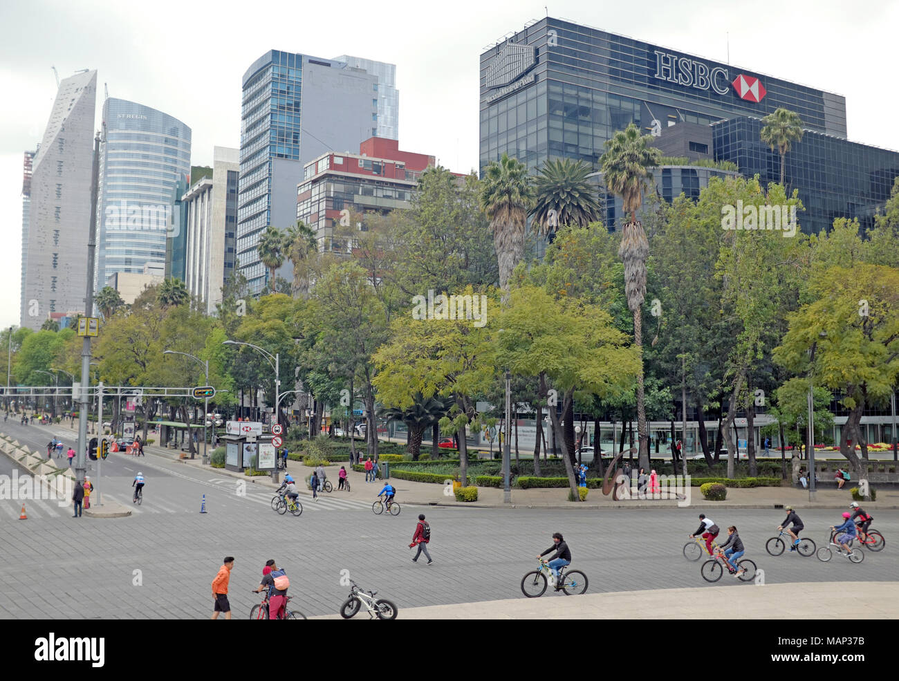 The Paseo de la Reforma in Mexico City, Mexico, turns into a car-free zone near the Monument of Independence on a Sunday morning in January 2018. Stock Photo