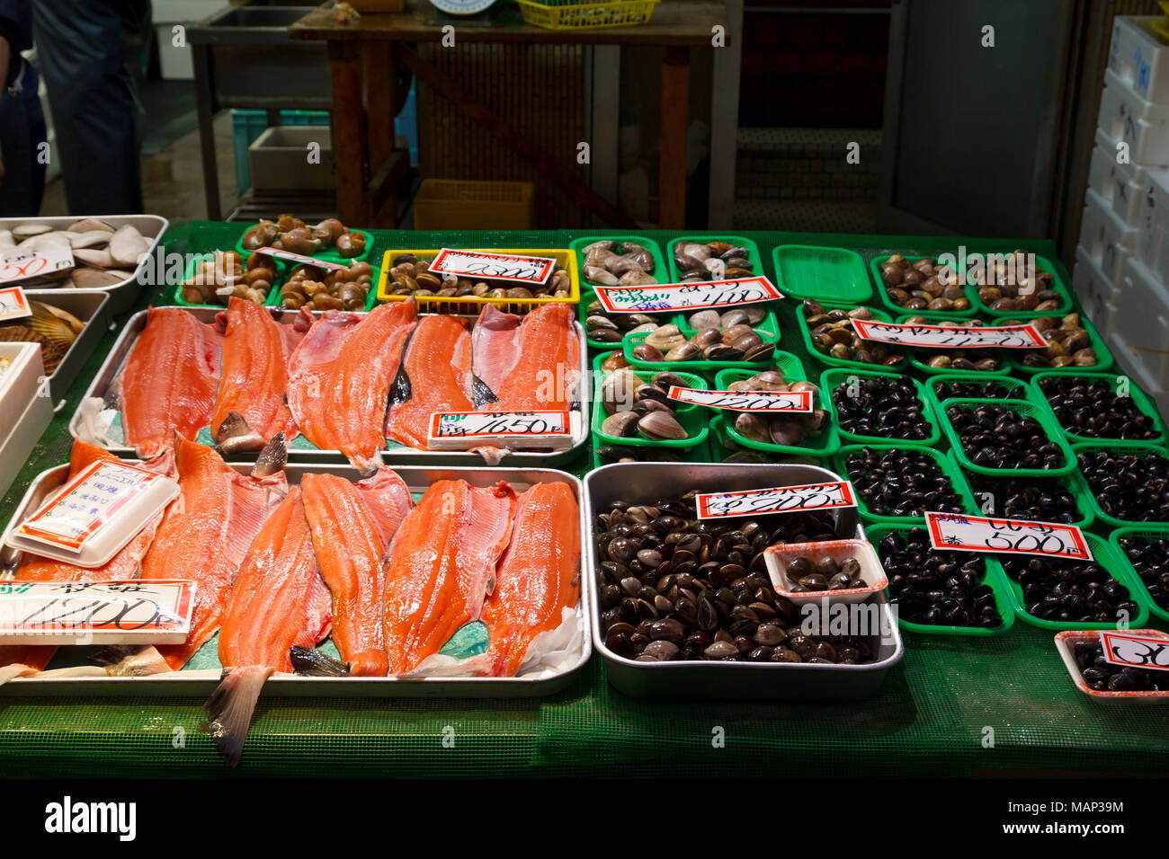 Japanese market with fresh fish and seafood on sale in the city of