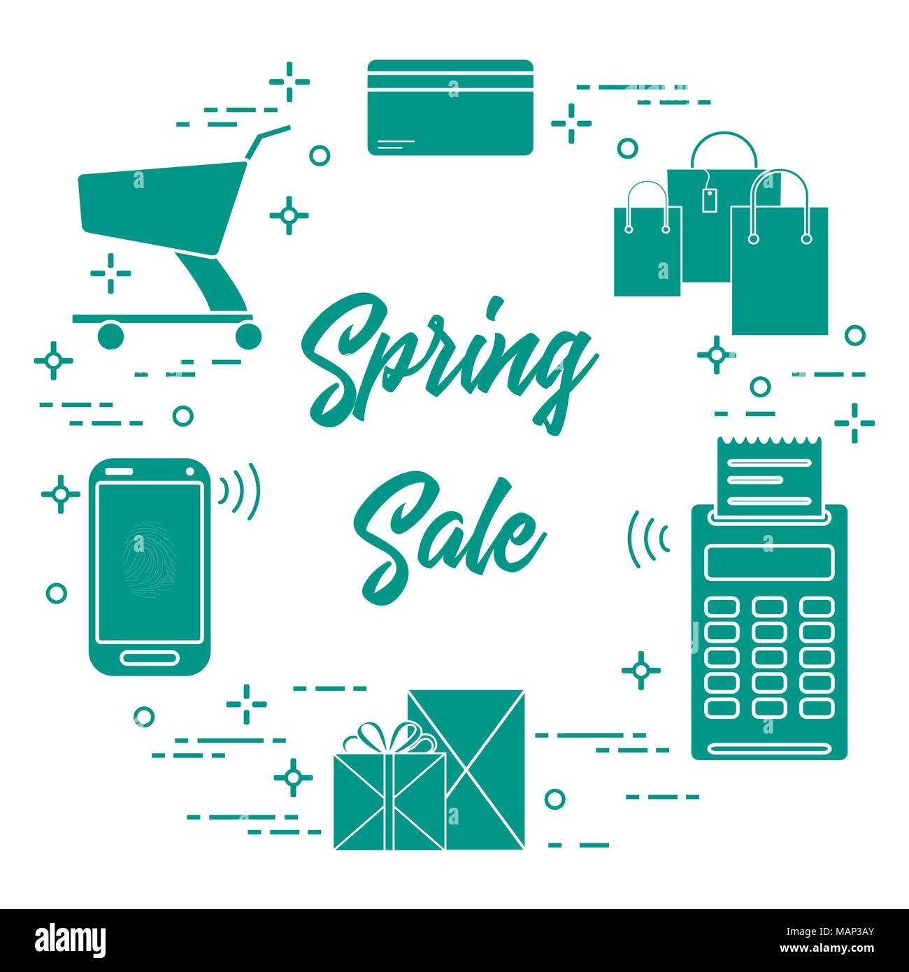 Shopping cart, payment terminal, bank card, packages, boxes, phone ...