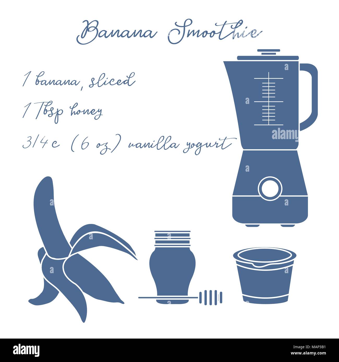 Recipe, blender and ingredients for making banana smoothie. Healthy